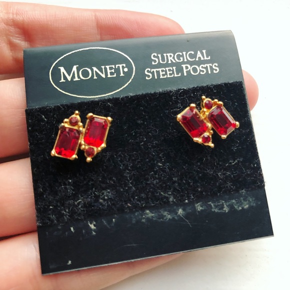 Monet Jewelry - Vintage gold & red ruby Art Deco stud earrings